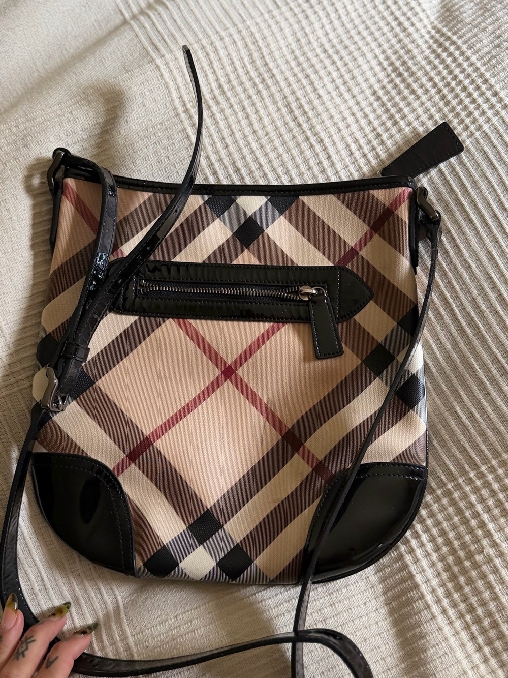 Burberry Beige Plaid Crossbody with Black Patent Trim - Picture 5 of 6